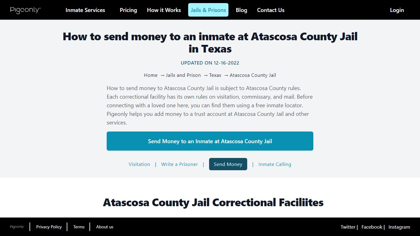 Send Money to Inmate Atascosa County Jail, Texas | Pigeonly